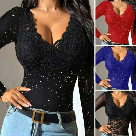 Ptetnvg V-neck Shirt Women's Spring V-neck Lace Splicing Top Elegant Hollow Design Slim Fit Long Sleeve Blouse Women Lace Splicing Top