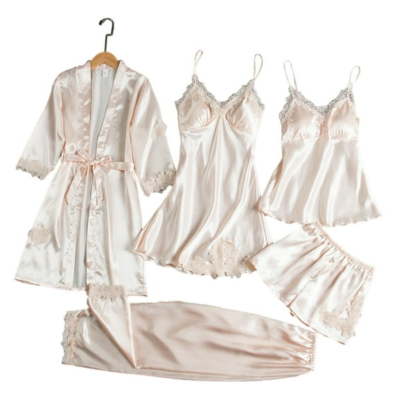 Ptetnvg Women 5-piece Pajama Set 5-piece Women's Silk Pajama Set Lightweight Breathable Sleepwear with Nightgown Trousers More