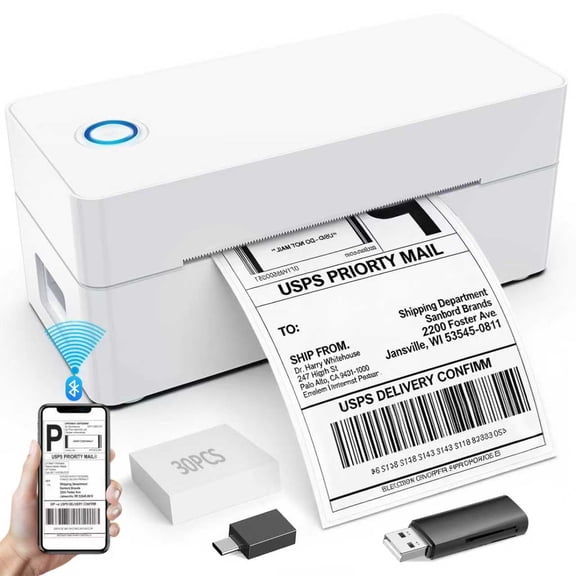Ptlahmri Label Printer, 4x6 Thermal Shipping Label Printer, White, Wired Bluetooth, Compatible with Smartphone, Windows, for Small Business & Packages