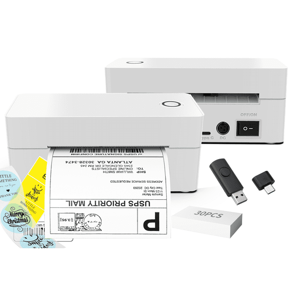 Ptlahmri Label Printer, 4x6 Thermal Shipping Label Printer, White, Wired Bluetooth, Compatible with Smartphone, Windows, for Small Business & Packages