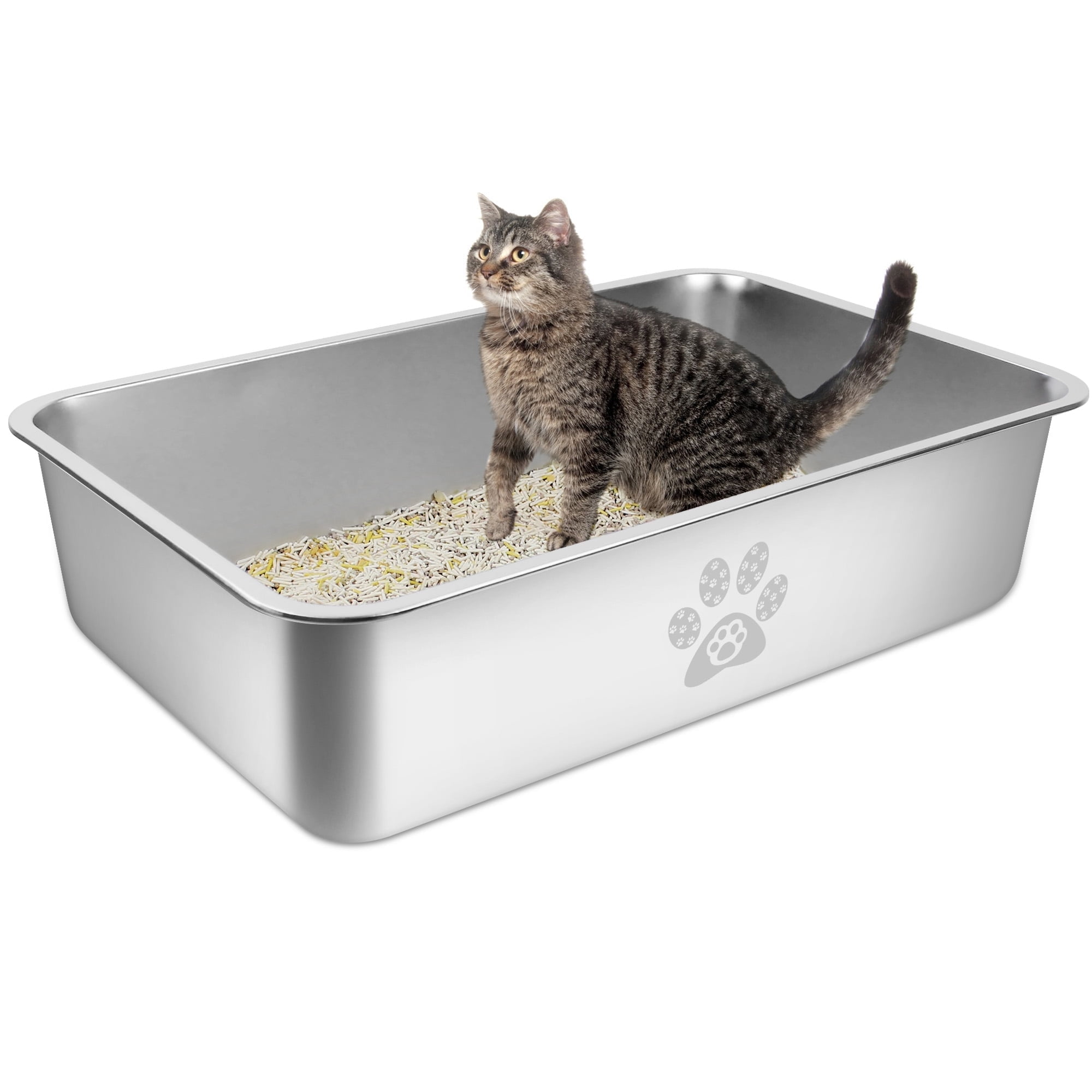 Ptlom Large Open Top Kitty Litter Box Stainless Steel Long Size Pan High Sides 23.6 x 15.7 x 5.9 Walmart