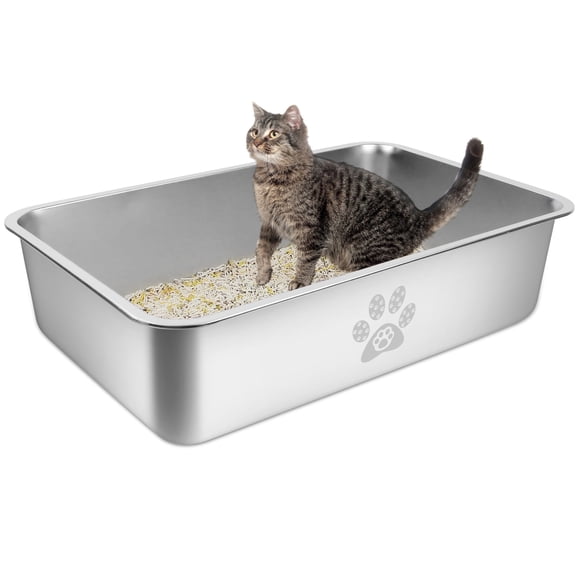 Ptlom Cat Litter Box with High Sides Large Stainless Steel Cat Litter Pan 23.6" x 15.7" x 5.9"
