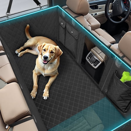 Ptlom Dog Car Seat Cover, Waterproof & Anti-Scratch Hammock, Hard Bottom, 400LB Support, Back Seat Extender with Mesh Window & Storage Pockets