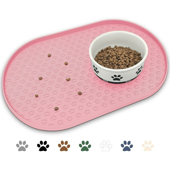 Ptlom Dog Cat Food Mat Raised Edges Dog Feeding Mat Silicone Food Mat for Pet Bowls Pink