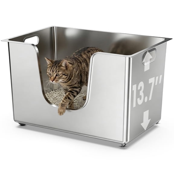 Ptlom Extra Large Stainless Steel Litter Box with 13.7'' High Sides Leak Proof