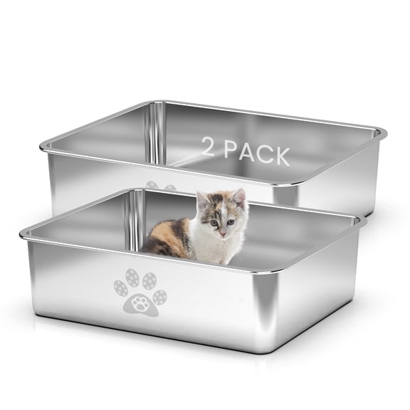 Ptlom High Sided Stainless Steel Cat Litter Box 15.7" x 11.8" x 4"(2 Pack)