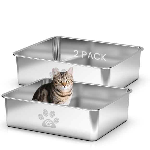 Ptlom High Sided Stainless Steel Cat Litter Box 19.7" x 13.8" x 6"(2 Pack)