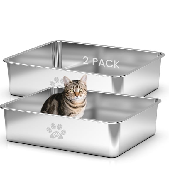Ptlom High Sided Stainless Steel Cat Litter Box 23.6" x 15.7" x 6"(2 Pack)