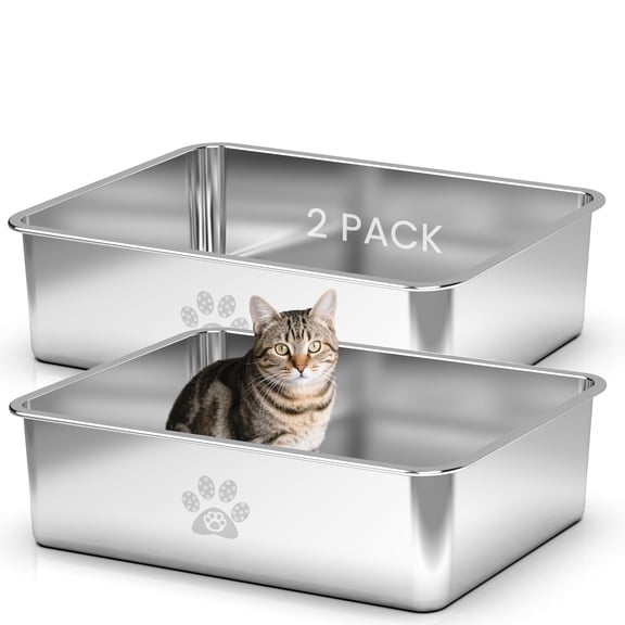 Ptlom High Sided Stainless Steel Cat Litter Box 23.6" x 15.7" x 8"(2 Pack)