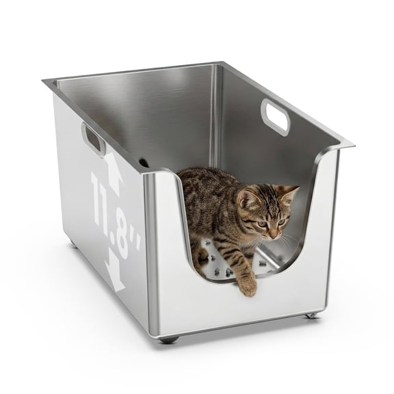 Ptlom Large Stainless Steel Litter Box with 11.8'' High Sides Leak Proof