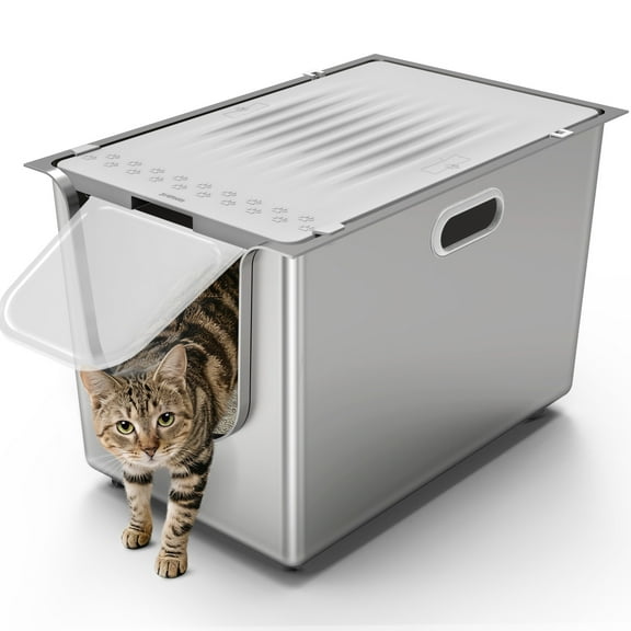 Ptlom Flip Top Stainless Steel Litter Box 22.8" x 14.9" x 13.7" Extra Large Metal Litter Box with Lid High-Sided One-Piece Litter Pan