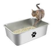 Ptlom Stainless Steel Cat Litter Box Large Kitty Litter Box Metal Litter Pan with Stickers 19.7" x 13.8" x 5.9"