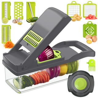 StorageMate Vegetable Chopper Mandolin Slicer - 12 in 1 Food Chopper - 8  Interchangeable Blades - Cutter, Chopper, Dicer and Grater - Includes  Colander Basket and Container - Gray 