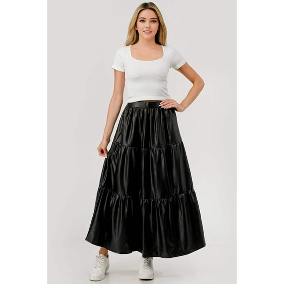Pu Faux Leather Tiered A-Line Maxi Skirt - Black