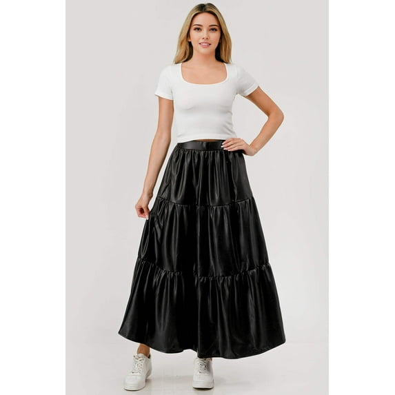 Pu Faux Leather Tiered A-Line Maxi Skirt - Black