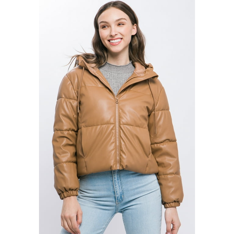Pu Faux Leather Zipper Hooded Puffer Jacket