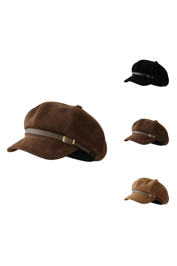 Pu Leather Beret with Decorative Buckle Detail, Classic French Style Soft Slouchy Hat, Brown Suede Octagonal Artist Painter Hat for Ladies