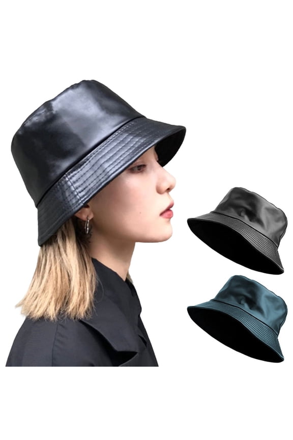 Pu Leather Bucket Hat for Unisex Reversible Fishing Cap Metallic Retro 80S 90S Fisherman Hat Black One Size