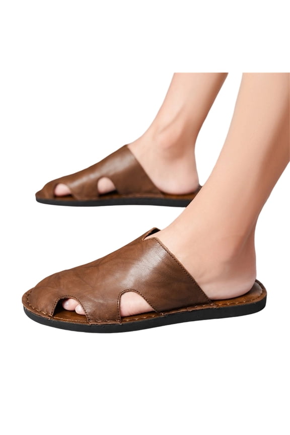 Pu Leather Closed Toe Slides, Men's Leather Closed Toe Hollow Flat Sandals Hand Stitched Comfortable Anti-Slip Soft Bottom Slip On Slides Summer Outdoor Casual Beach Walking Slippers, Brown 7