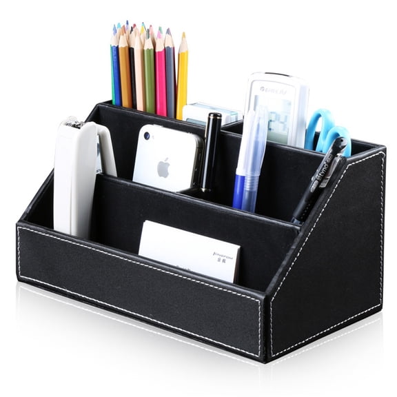 Pu Leather Desk Organizer with 5 Compartments Holder, Multi-Functional Office Supplies Storage Caddy for Pen/Pencil, Phones, Remote Controller and Desktop Accessorie BlackOnly storage box