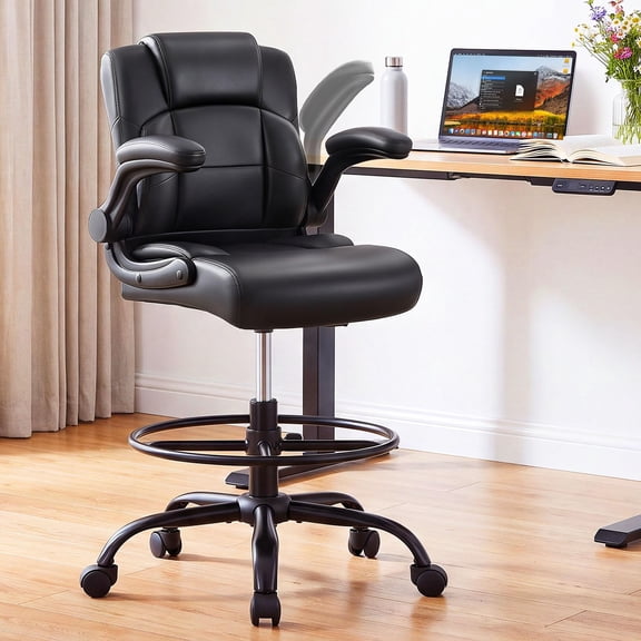 Pu Leather Drafting Chair,Tall Office Chair for Standing Desk with Footring,Counter Height Adjustable High Office Chair with Flip-up Armrests for Home,Drawing