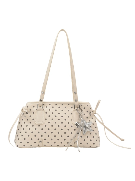 Pu Leather Polka Dot Shoulder Bag Casual Dot Pattern Tote With Star Charm Versatile Underarm Bags Large Capacity Cute Armpit Bags Daily Dating Handbags (White)