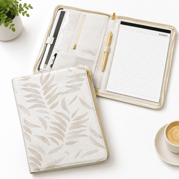 Pu Leather Zipper Binder Portfolio Organizer, A4 Design, Fits Laptop or Tablet, Beige