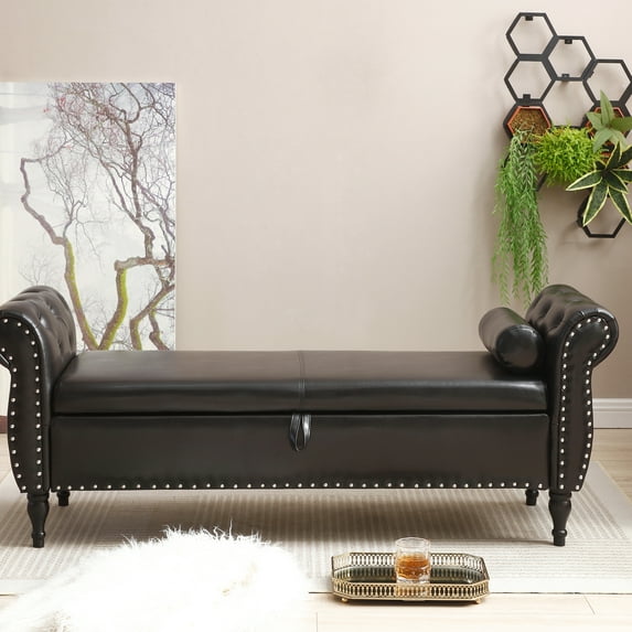 Pu Upholstered Storage Bench With Modern Style, 63" Length, Buttons, Nailhead Trimmed, Solid Wood Legs, Brown Nursery Soft Cushion And Storage, Flip Top,