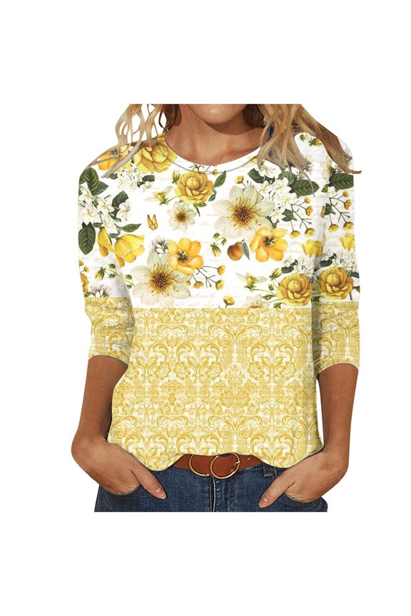 PuLe Blouses For Women Color Block Patchwork Shirts for Women 3/4 Sleeve Loose Crew Neck T Shirts Fall Summer Casual Soft Blouses