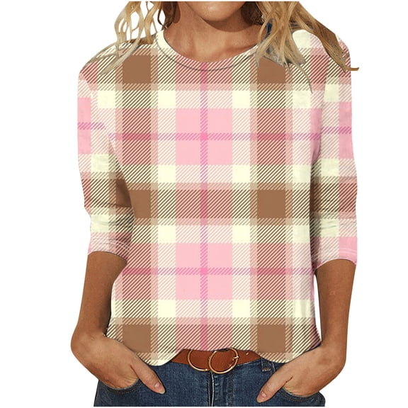 PuLe Blouses For Women Color Block Patchwork Shirts for Women 3/4 Sleeve Loose Crew Neck T Shirts Fall Summer Casual Soft Blouses