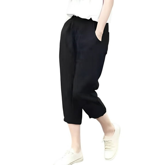 PuLe Capris Trousers for Women IXIMO Women's 100% Linen Pants Relax Fit Lantern Cropped TaperedPants Trousers with Elastic Waist