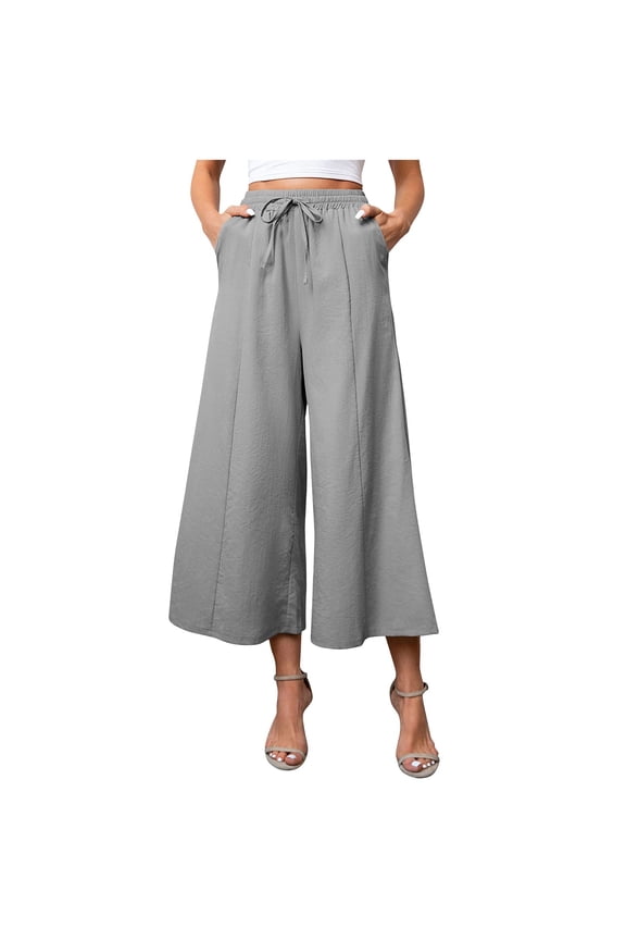PuLe Capris Trousers for Women Women Linen Pants Palazzo Wide-Leg Drawstring Casual Loose Crop Elastic Waist Cotton Beach Pants Culottes Trousers