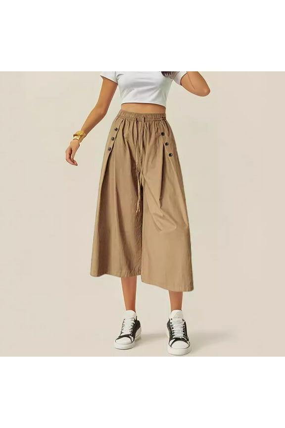 PuLe Capris Trousers for Women Women's Culottes Button Wide Leg Pants Elastic Waist Casual Solid Color Going Out Vacation Pocketed Capris Trousers