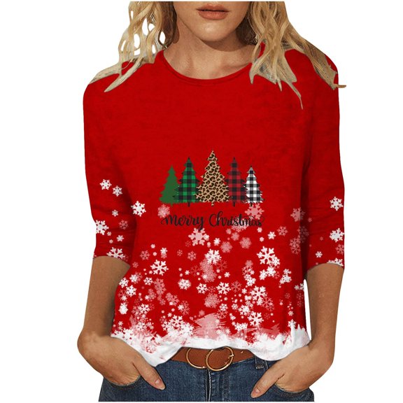 PuLe Christmas Shirts for Women,3/4 Length Sleeve Tops Funny Xmas Tree Santa Snowflake Graphic Tees Cute Crewneck Blouse