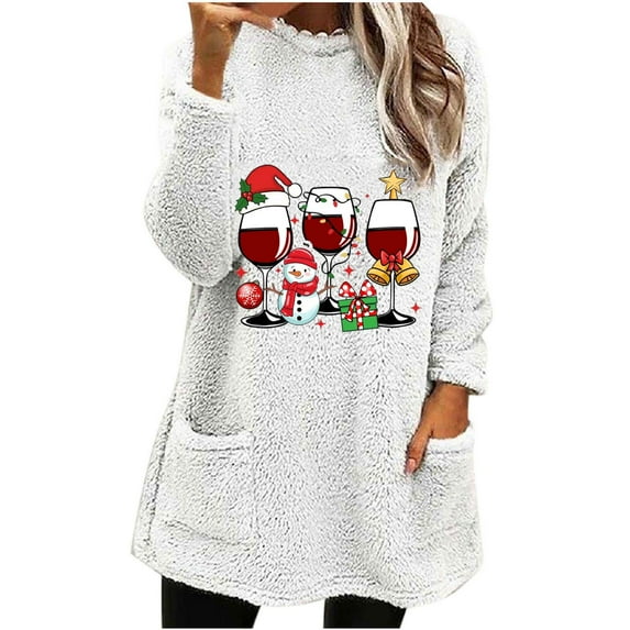 PuLe Christmas Sweaters for Women 2024 Long Sleeve Crewneck Cute Snowman Print Pullover Shirts Artificial Fleece Warm Tops with Pockets