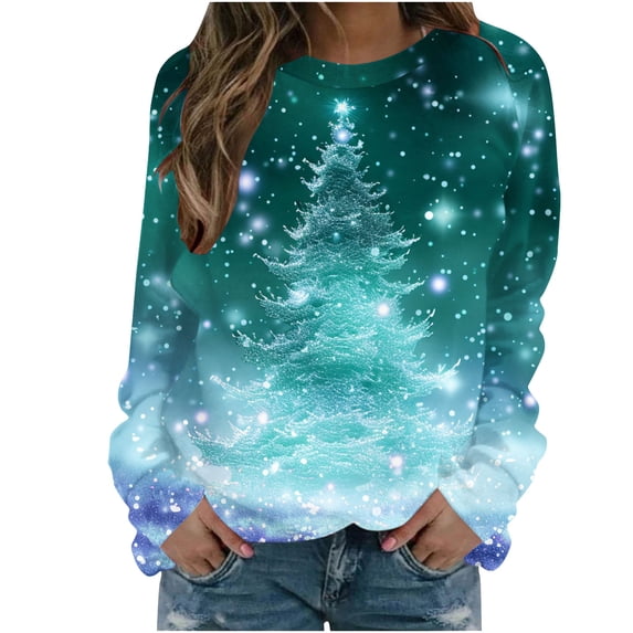 PuLe Christmas Sweatshirts for Women Cute Christmas Tree Graphic Long Sleeve Shirt Xmas Holiday Party Pullover Blouse