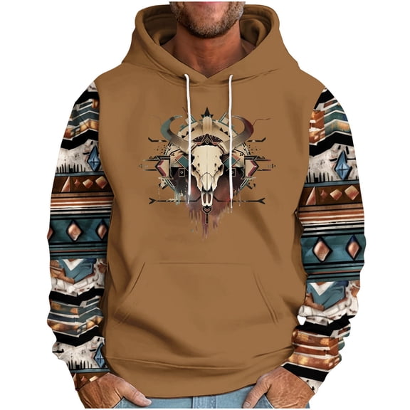 PuLe Hoodies Men's Hooded Down Sleeved Ethnic Style Printed Loose Hoodie Printed Long-sleeved Top Hoodie