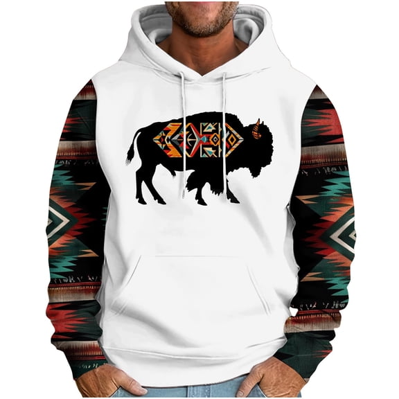 PuLe Hoodies Men's Hooded Down Sleeved Ethnic Style Printed Loose Hoodie Printed Long-sleeved Top Hoodie