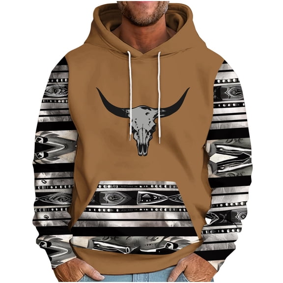 PuLe Hoodies Men's Hooded Down Sleeved Ethnic Style Printed Loose Hoodie Printed Long-sleeved Top Hoodie