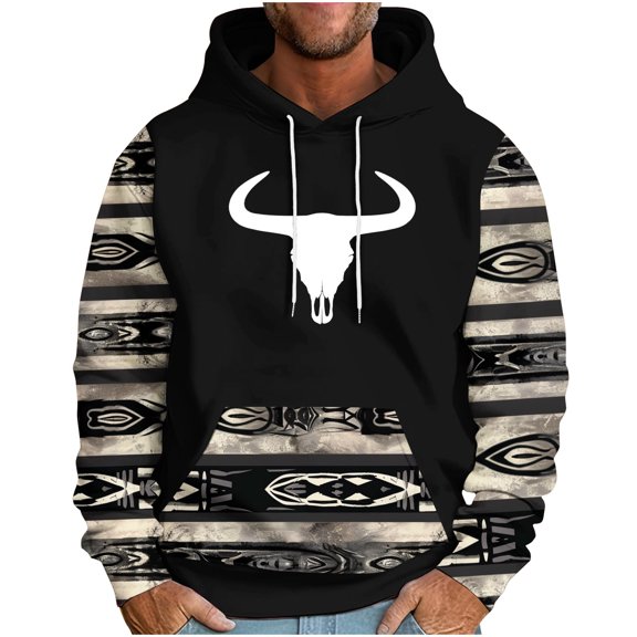 PuLe Hoodies Men's Hooded Down Sleeved Ethnic Style Printed Loose Hoodie Printed Long-sleeved Top Hoodie