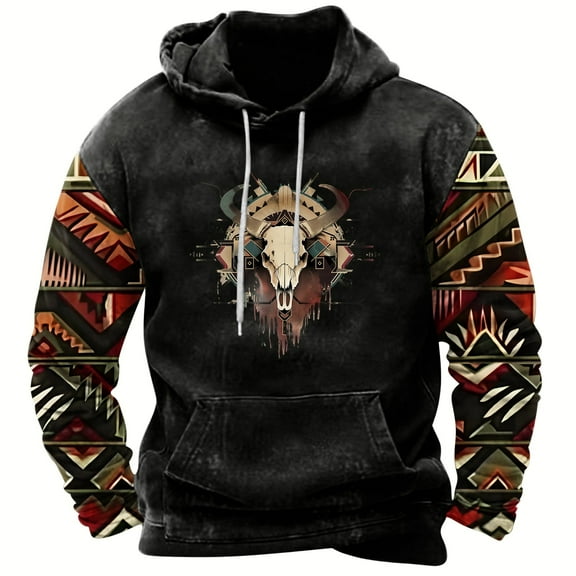 PuLe Hoodies Men's Retro Printed Top Long Sleeved Hooded Top Hooded Sweatshirt
