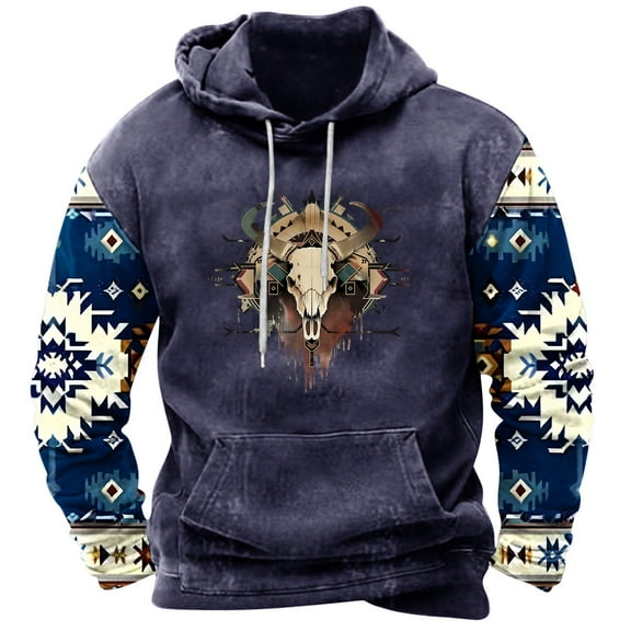 PuLe Hoodies Men's Retro Printed Top Long Sleeved Hooded Top Hooded Sweatshirt