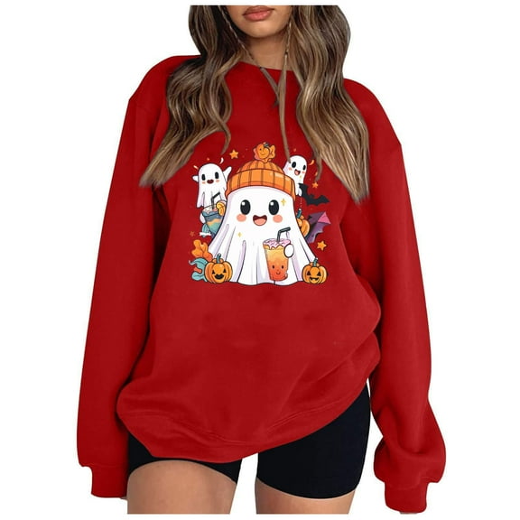 PuLe Hoodies Women autumn and winter Halloween printed round neck long sleeved off shoulder sweatshirt top