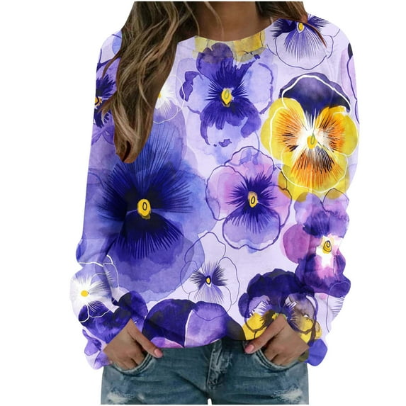 PuLe Hoodies Women's Casual Printed Long Sleeved Round Neck Pullover Hoodless Sweathirts