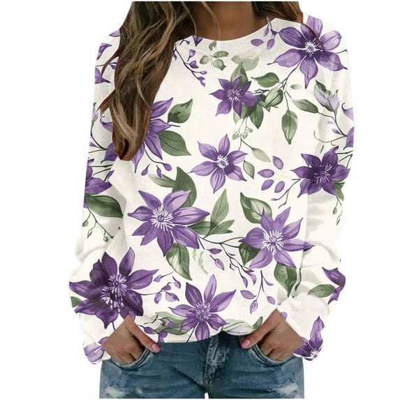 PuLe Hoodies Women's Casual Printed Long Sleeved Round Neck Pullover Hoodless Sweathirts