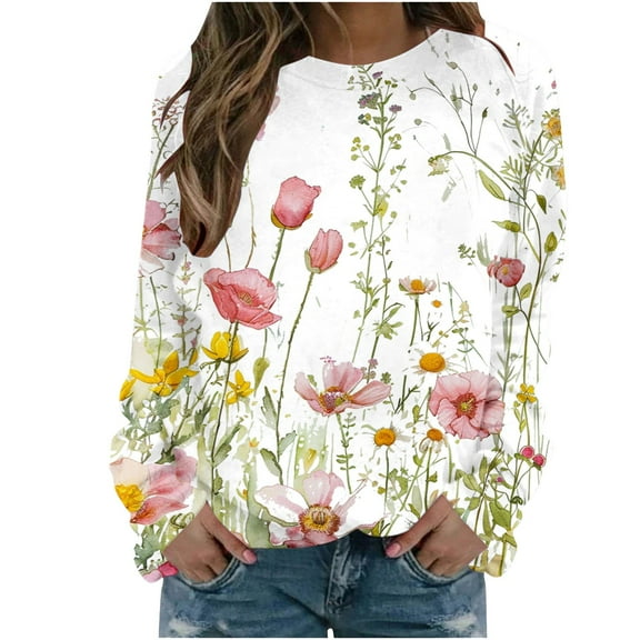 PuLe Hoodies Women's Casual Printed Long Sleeved Round Neck Pullover Hoodless Sweathirts