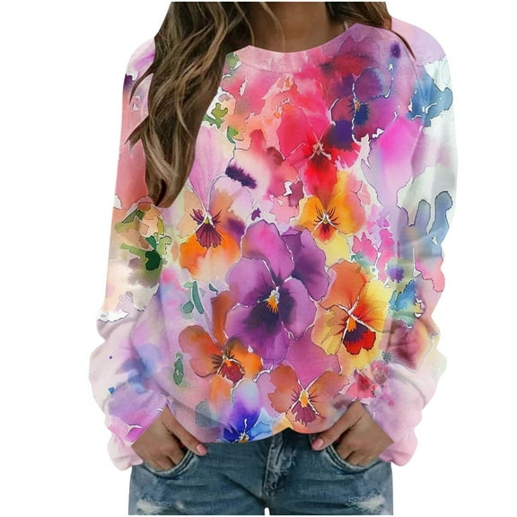 PuLe Hoodies Women's Casual Printed Long Sleeved Round Neck Pullover Hoodless Sweathirts