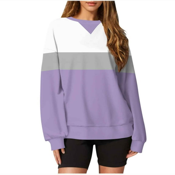 PuLe Hoodies Womens Fall Fashion Color Contrast Striped Oversized Pullover Sweatshirt, Crewneck, Long Sleeve, S-3XL