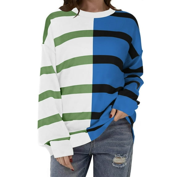 PuLe Hoodies Womens Striped Oversized Sweater 2024 Crew Neck Long Sleeve Knitted Color Block Casual Loose Pullover Top
