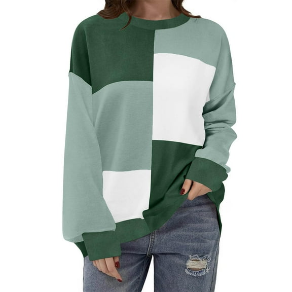 PuLe Hoodies Womens Striped Oversized Sweater 2024 Crew Neck Long Sleeve Knitted Color Block Casual Loose Pullover Top
